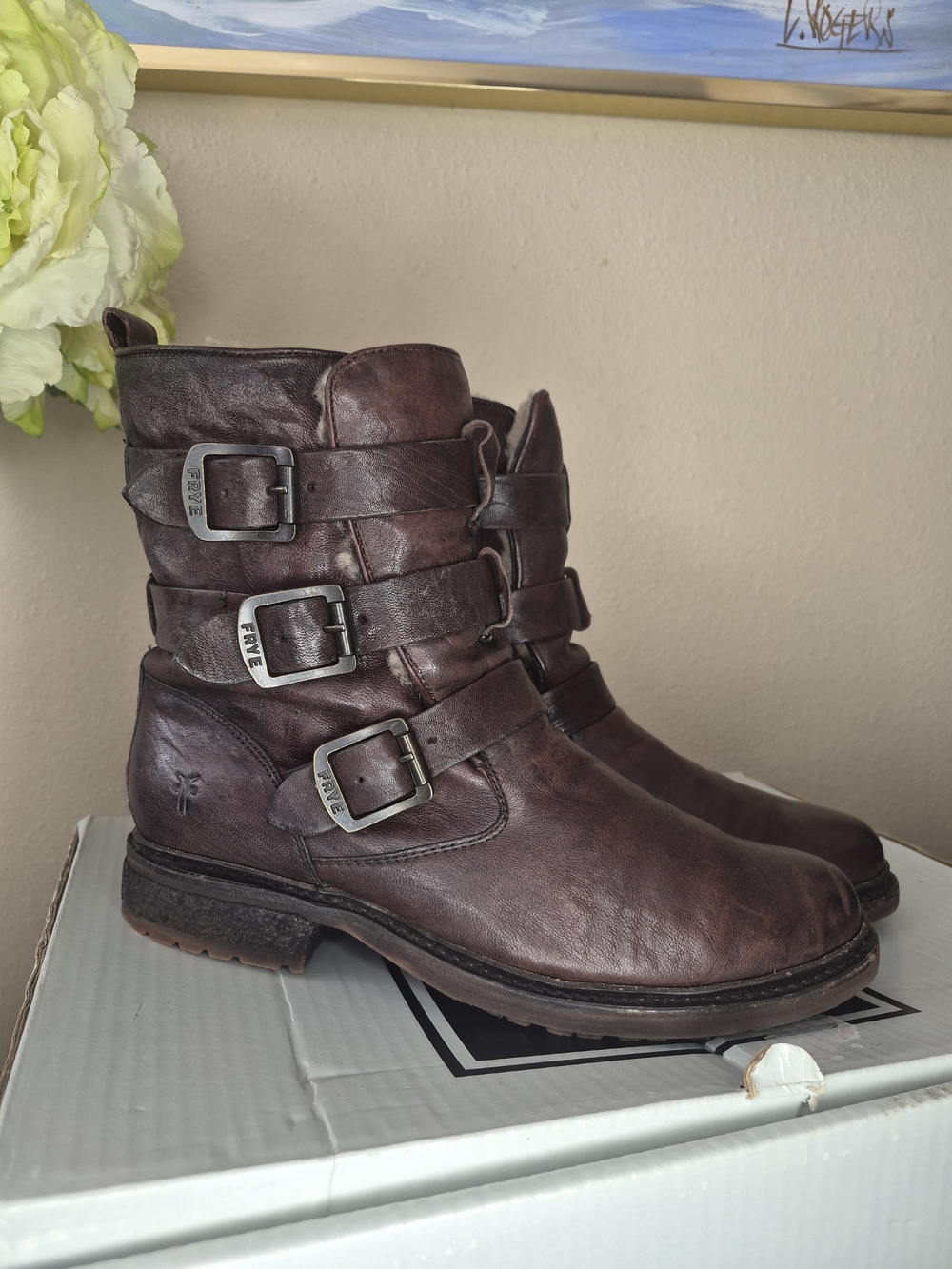Frye Dark Brown Leather Triple Buckle Ankle Boots
